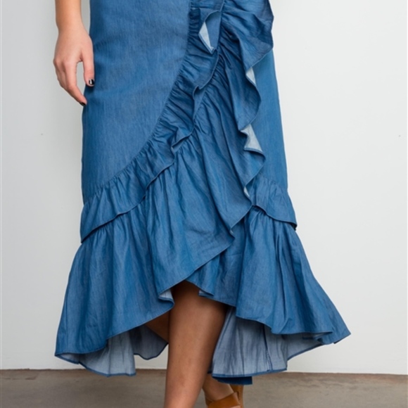 💙WINTER SALE 💙 Denim Ruffle Flare Midi Skirt - Picture 4 of 7